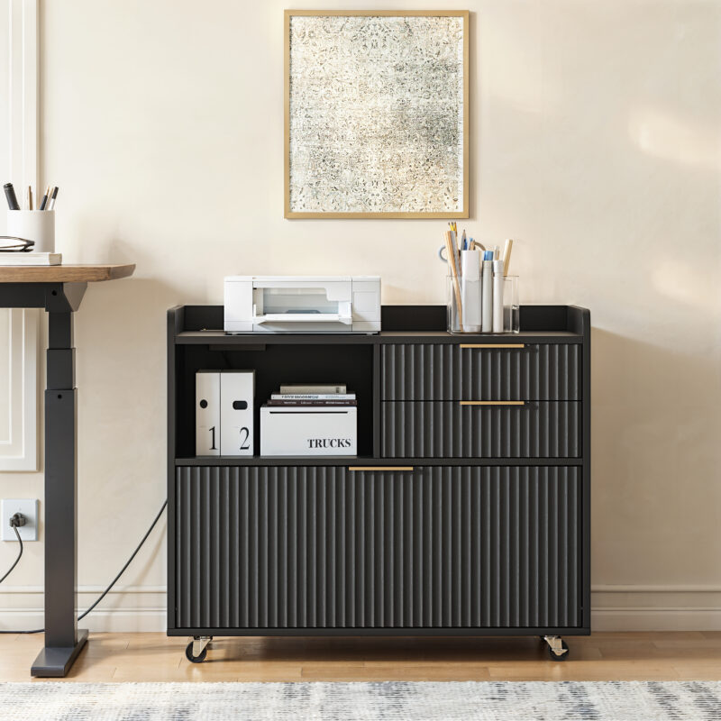 Mobile Office File Cabinet with Charging Station & Multi Drawers, Open Storage Compartment, for Home & Office Use - Image 8