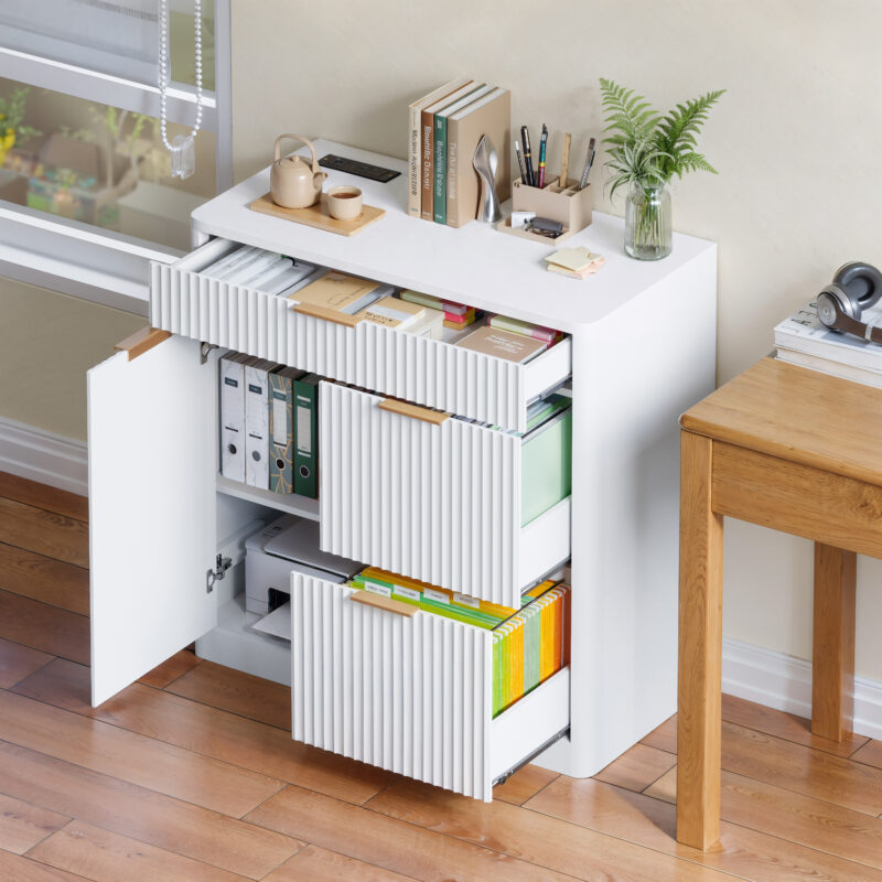 Freestanding Office File Cabinet with Built-in Tabletop Charging Station, Large Drawers, Cabinet Doors & Adjustable Inner Shelves, Multipurpose Storage Cabinet for Home & Office - Image 5