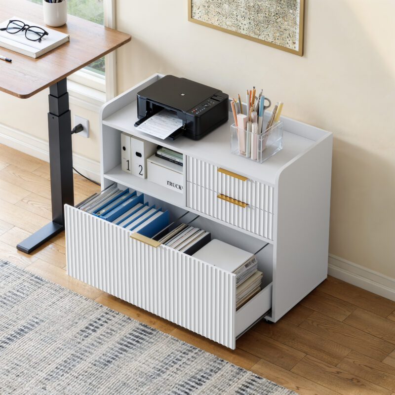 Mobile Office File Cabinet with Charging Station & Multi Drawers, Open Storage Compartment, for Home & Office Use - Image 2