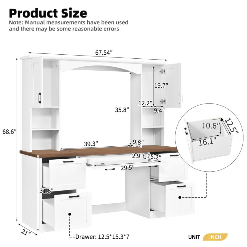 ON-TREND Farmhouse Arched Computer Desk with Hutch, Mid-Century Walnut Home Office Workstation with Charging Station & Keyboard Tray, All-in-One Writing Desk with File Drawer for Study, Office - Image 3
