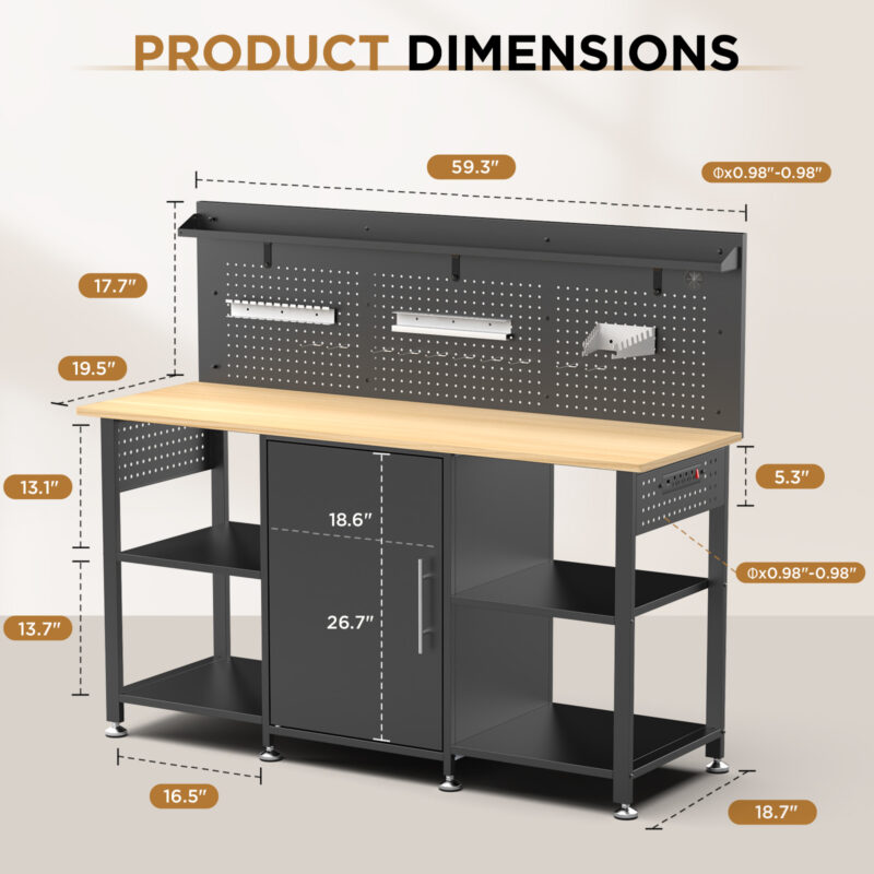 60 Inch Heavy Duty Workbench with Storage Cabinet, Wooden Top, 2000 lbs Capacity, Large Garage Work Table with Pegboard, Power Outlet - Image 6