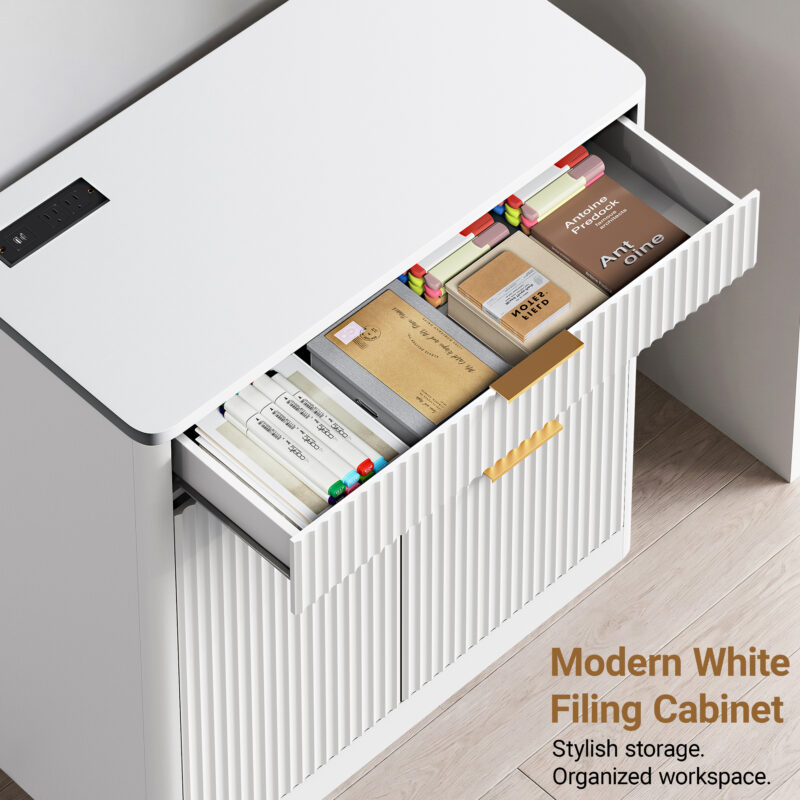 Freestanding Office File Cabinet with Built-in Tabletop Charging Station, Large Drawers, Cabinet Doors & Adjustable Inner Shelves, Multipurpose Storage Cabinet for Home & Office - Image 3