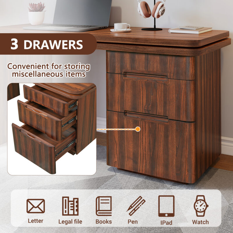 90" Modern L Shaped Desk in Walnut with 3 Drawers,360° Wood Rotating Desk,Executive Office Desk,Corner Desk,Office Study Workstation,for Home Office or Living Room - Image 7