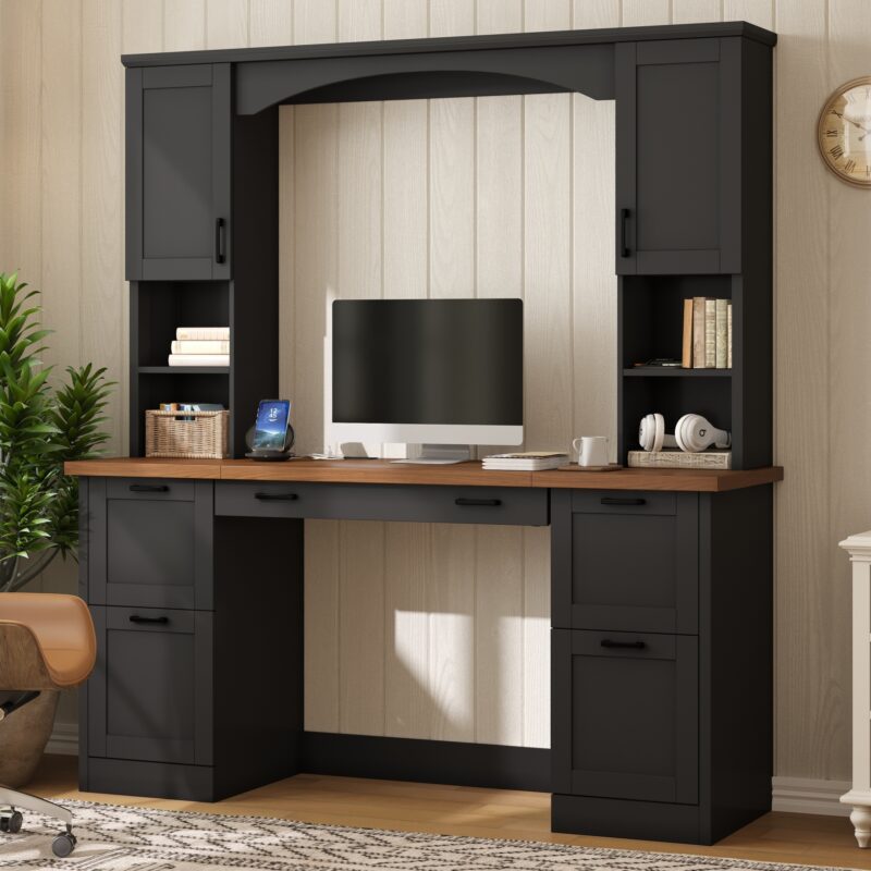 ON-TREND Farmhouse Arched Computer Desk with Hutch, Mid-Century Walnut Home Office Workstation with Charging Station & Keyboard Tray, All-in-One Writing Desk with File Drawer for Study, Office - Image 12