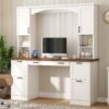ON-TREND Farmhouse Arched Computer Desk with Hutch, Mid-Century Walnut Home Office Workstation with Charging Station & Keyboard Tray, All-in-One Writing Desk with File Drawer for Study, Office