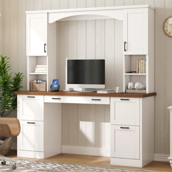 ON-TREND Farmhouse Arched Computer Desk with Hutch, Mid-Century Walnut Home Office Workstation with Charging Station & Keyboard Tray, All-in-One Writing Desk with File Drawer for Study, Office
