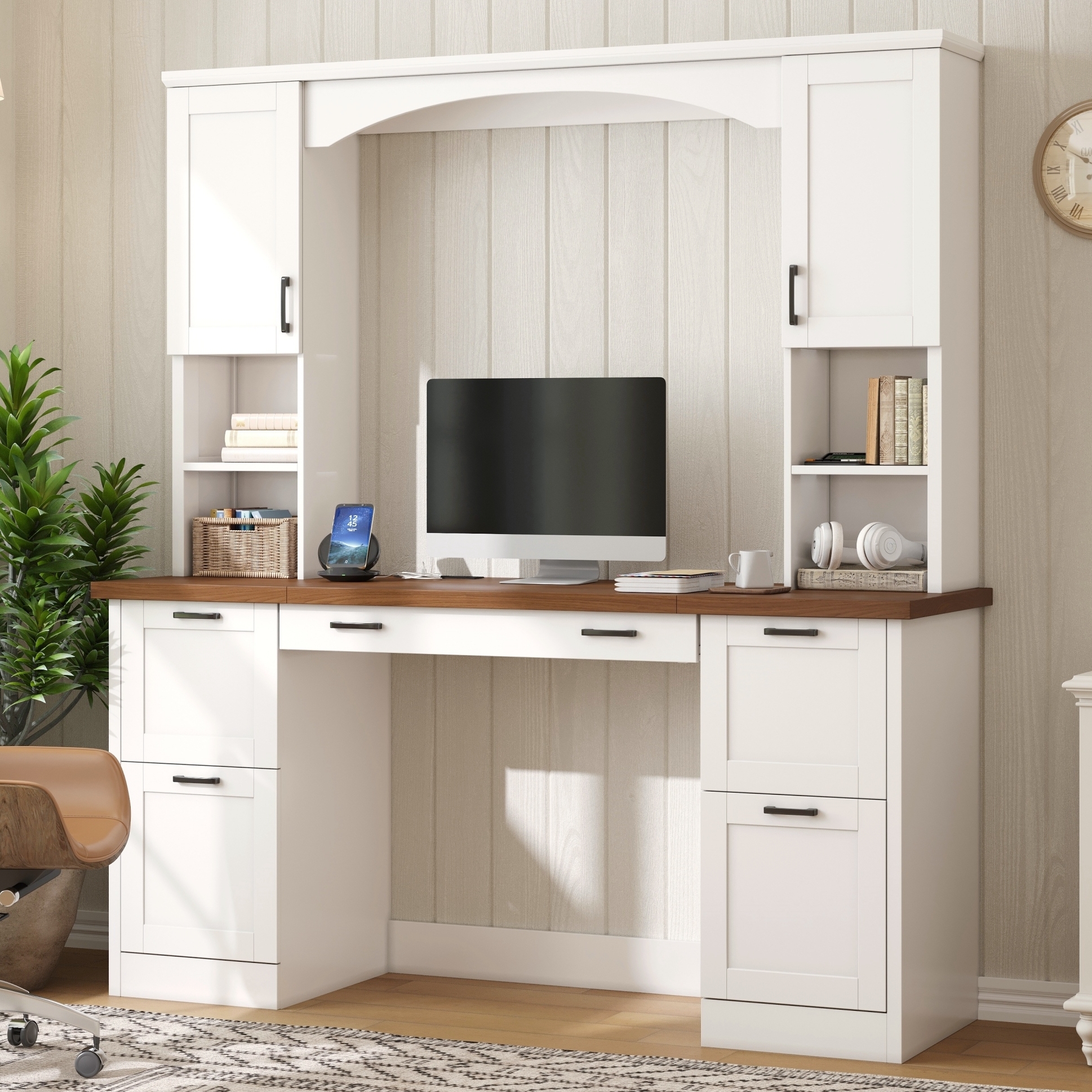 Lifestyle Main Image ON-TREND Farmhouse Arched Computer Desk with Hutch, Mid-Century Walnut Home Office Workstation with Charging Station & Keyboard Tray, All-in-One Writing Desk with File Drawer for Study, Office - Image 1