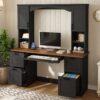 ON-TREND Farmhouse Arched Computer Desk with Hutch, Mid-Century Walnut Home Office Workstation with Charging Station & Keyboard Tray, All-in-One Writing Desk with File Drawer for Study, Office - Image 11