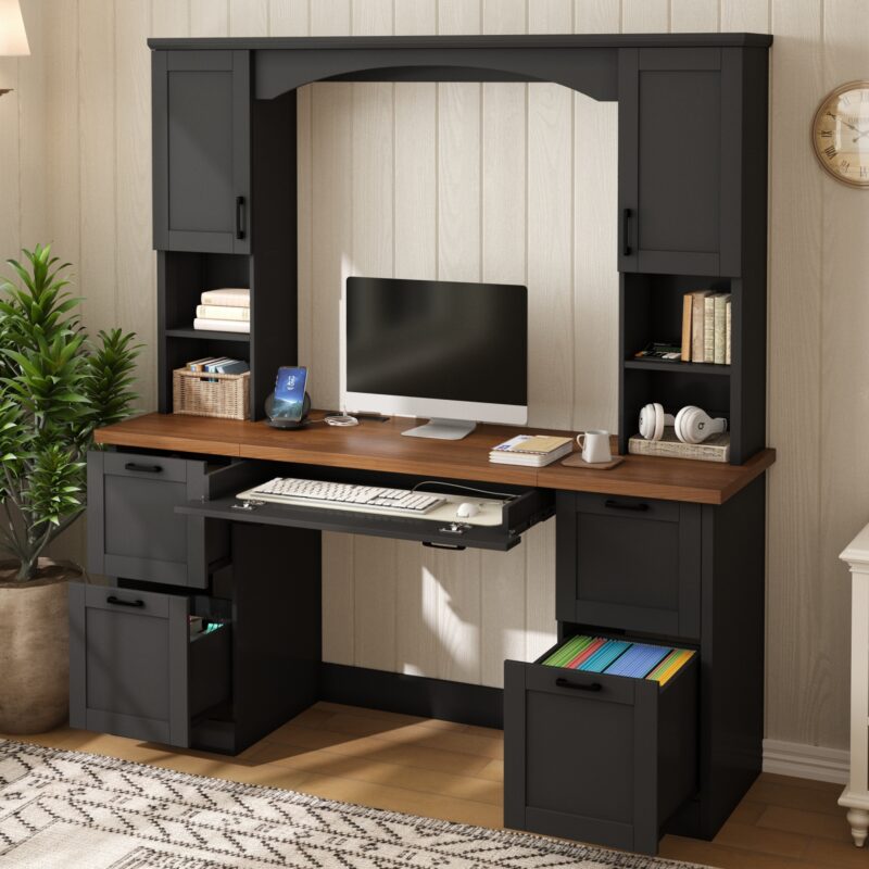ON-TREND Farmhouse Arched Computer Desk with Hutch, Mid-Century Walnut Home Office Workstation with Charging Station & Keyboard Tray, All-in-One Writing Desk with File Drawer for Study, Office - Image 11