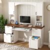 ON-TREND Farmhouse Arched Computer Desk with Hutch, Mid-Century Walnut Home Office Workstation with Charging Station & Keyboard Tray, All-in-One Writing Desk with File Drawer for Study, Office - Image 2