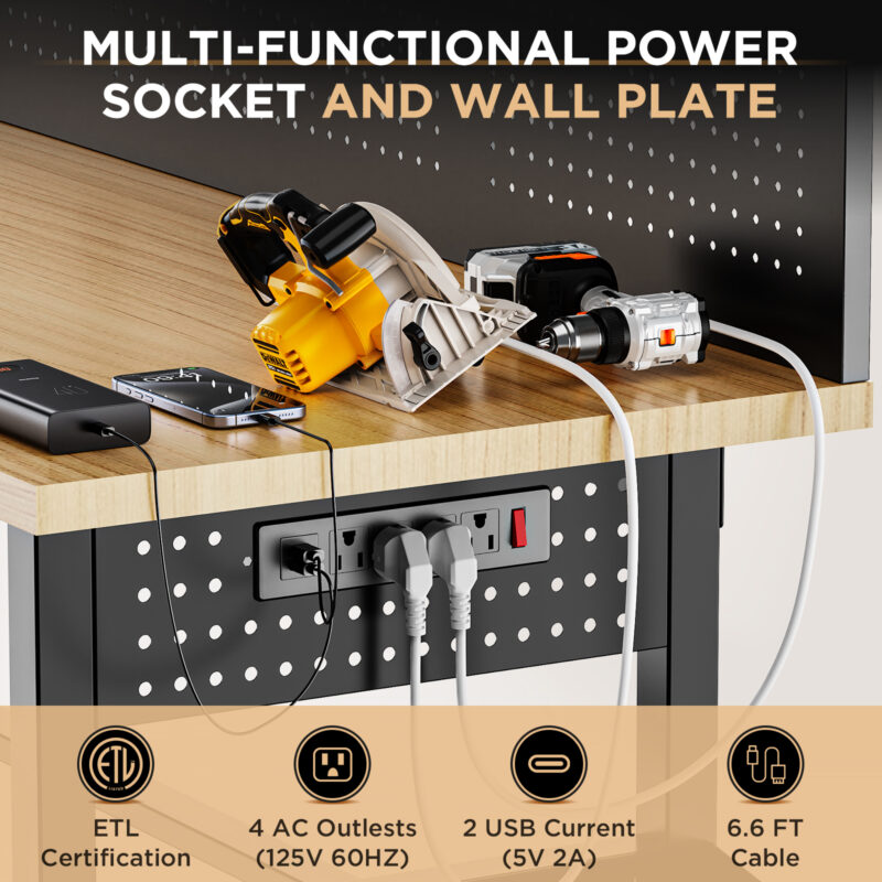 60 Inch Heavy Duty Workbench with Storage Cabinet, Wooden Top, 2000 lbs Capacity, Large Garage Work Table with Pegboard, Power Outlet - Image 5