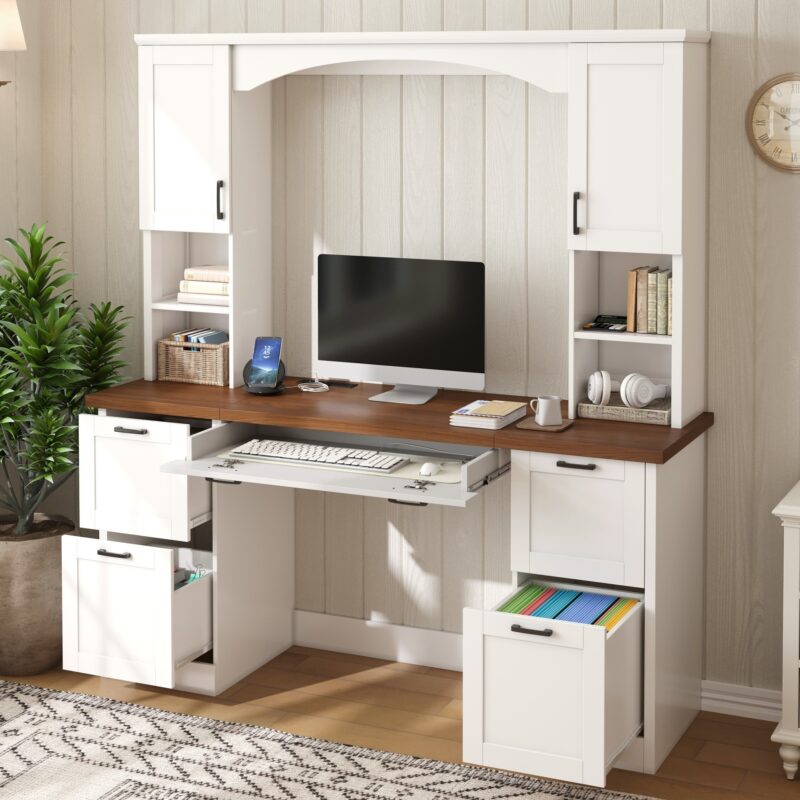 ON-TREND Farmhouse Arched Computer Desk with Hutch, Mid-Century Walnut Home Office Workstation with Charging Station & Keyboard Tray, All-in-One Writing Desk with File Drawer for Study, Office - Image 2