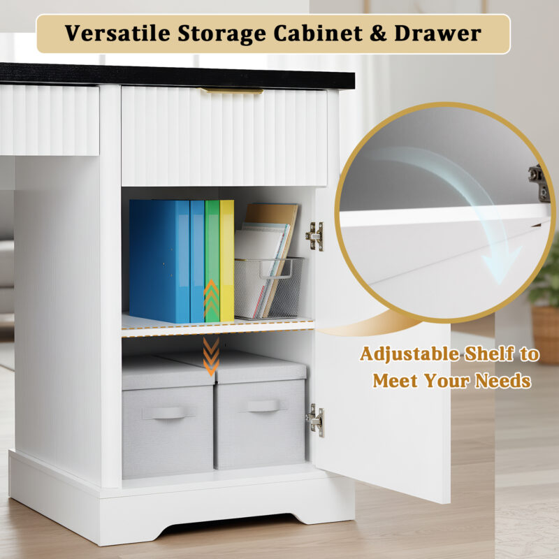 55" Modern Fluted Office Desk with Storage Cabinet & Drawers, Computer Writing Desk with Power Outlet, Pegboard, Built-in Shelves and Keyboard Tray for Study, Living Room, Home Office - Image 9