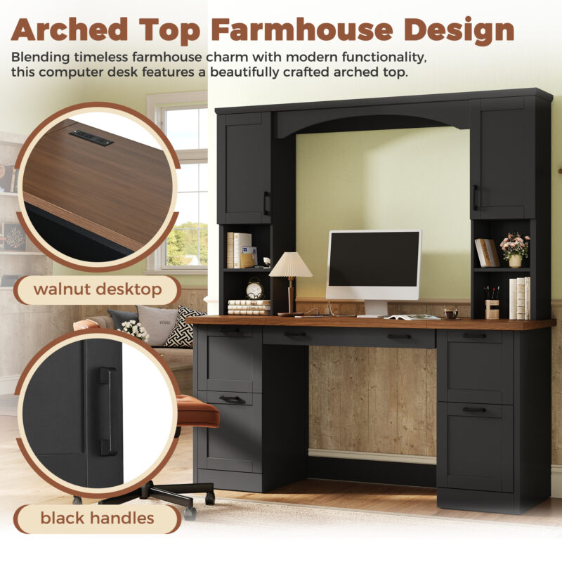 ON-TREND Farmhouse Arched Computer Desk with Hutch, Mid-Century Walnut Home Office Workstation with Charging Station & Keyboard Tray, All-in-One Writing Desk with File Drawer for Study, Office - Image 10