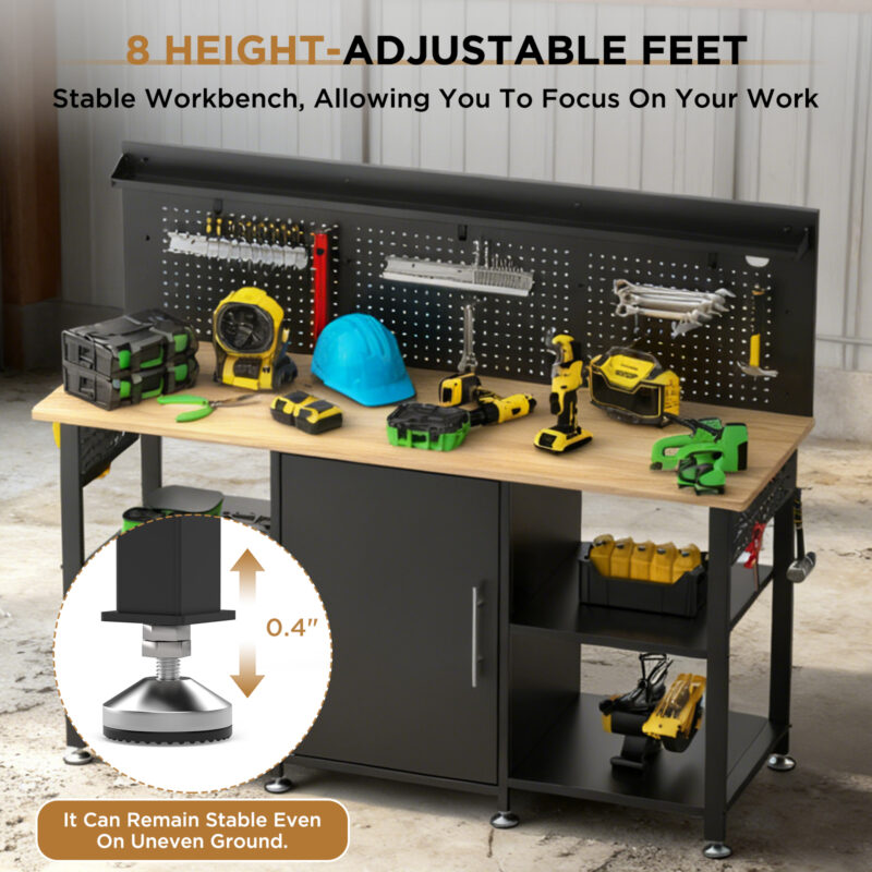 60 Inch Heavy Duty Workbench with Storage Cabinet, Wooden Top, 2000 lbs Capacity, Large Garage Work Table with Pegboard, Power Outlet - Image 4