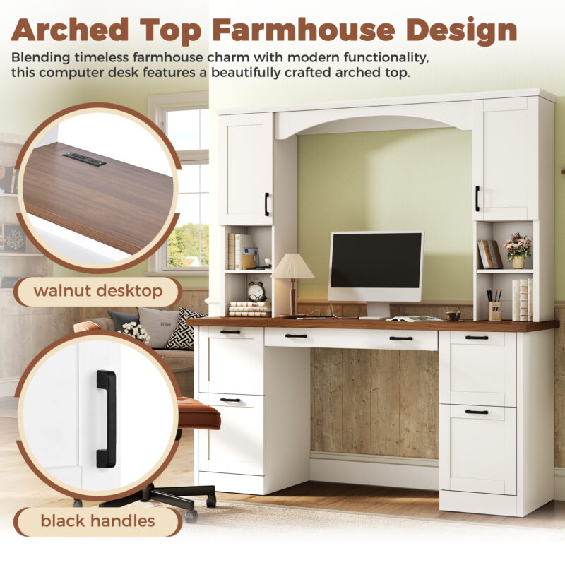 ON-TREND Farmhouse Arched Computer Desk with Hutch, Mid-Century Walnut Home Office Workstation with Charging Station & Keyboard Tray, All-in-One Writing Desk with File Drawer for Study, Office - Image 7