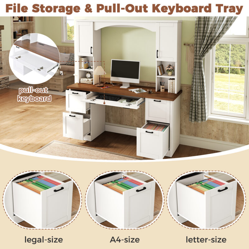 ON-TREND Farmhouse Arched Computer Desk with Hutch, Mid-Century Walnut Home Office Workstation with Charging Station & Keyboard Tray, All-in-One Writing Desk with File Drawer for Study, Office - Image 6