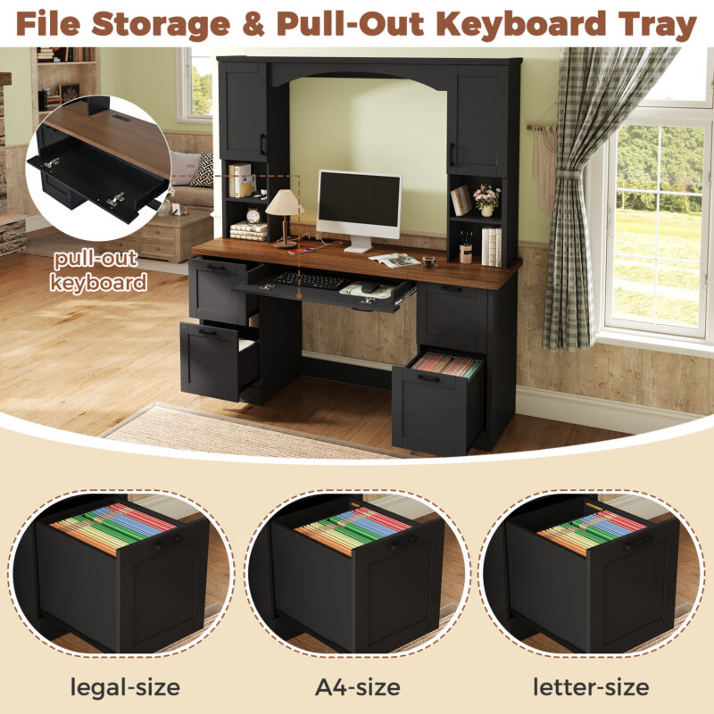 ON-TREND Farmhouse Arched Computer Desk with Hutch, Mid-Century Walnut Home Office Workstation with Charging Station & Keyboard Tray, All-in-One Writing Desk with File Drawer for Study, Office - Image 9