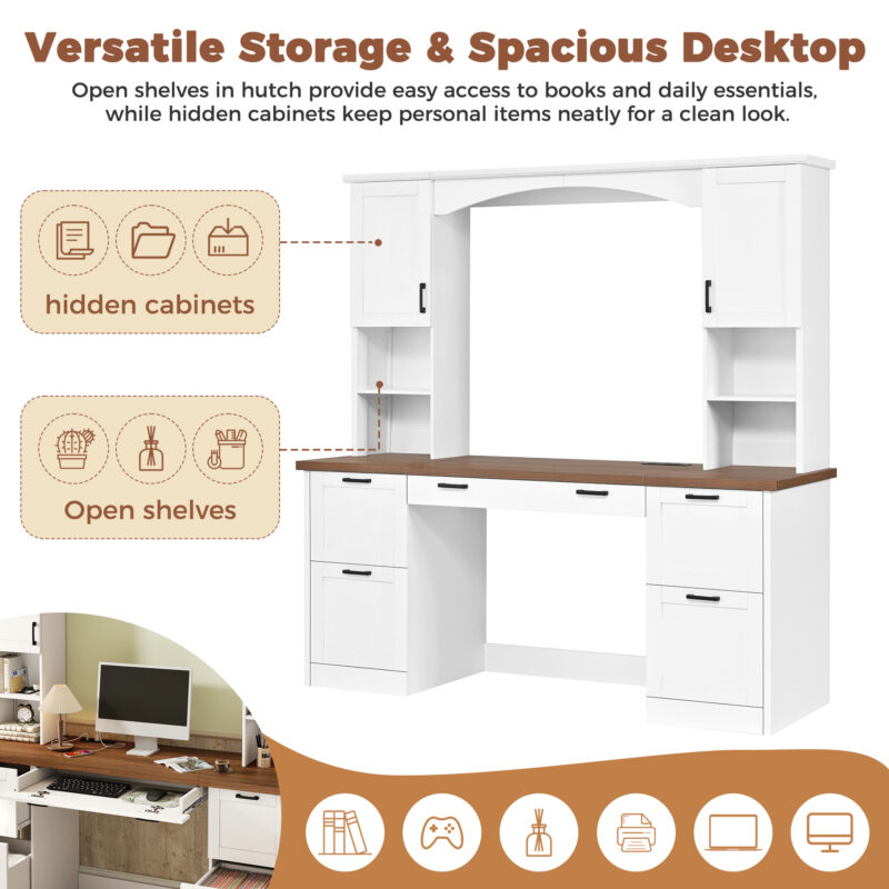 ON-TREND Farmhouse Arched Computer Desk with Hutch, Mid-Century Walnut Home Office Workstation with Charging Station & Keyboard Tray, All-in-One Writing Desk with File Drawer for Study, Office - Image 5