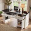 55" Modern Fluted Office Desk with Storage Cabinet & Drawers, Computer Writing Desk with Power Outlet, Pegboard, Built-in Shelves and Keyboard Tray for Study, Living Room, Home Office