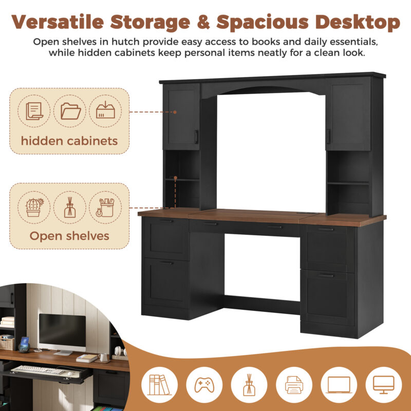 ON-TREND Farmhouse Arched Computer Desk with Hutch, Mid-Century Walnut Home Office Workstation with Charging Station & Keyboard Tray, All-in-One Writing Desk with File Drawer for Study, Office - Image 8