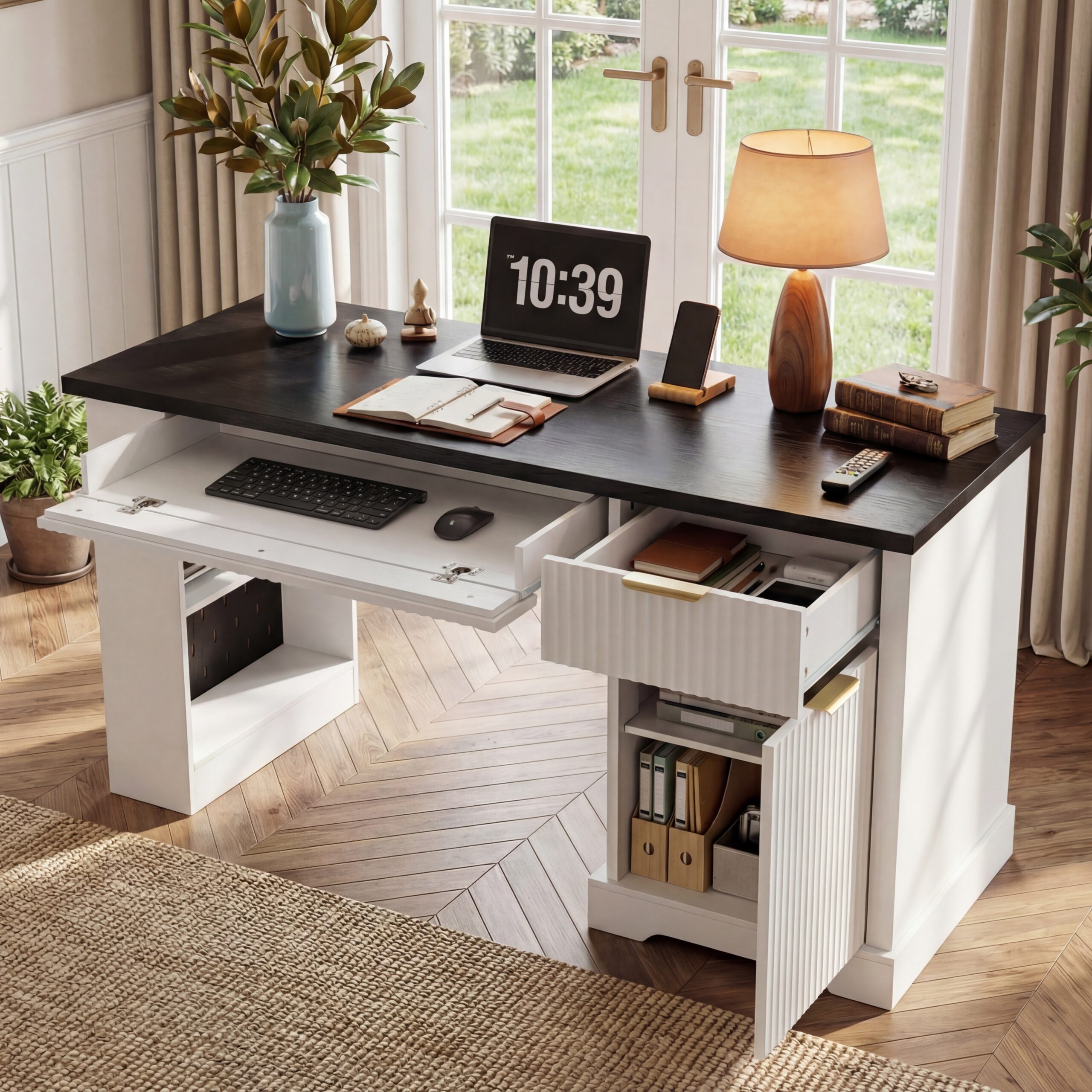 Other Image4 55" Modern Fluted Office Desk with Storage Cabinet & Drawers, Computer Writing Desk with Power Outlet, Pegboard, Built-in Shelves and Keyboard Tray for Study, Living Room, Home Office - Image 1
