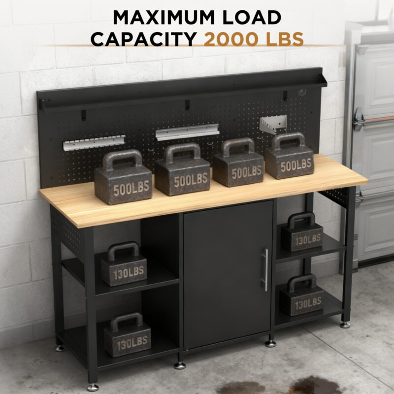 60 Inch Heavy Duty Workbench with Storage Cabinet, Wooden Top, 2000 lbs Capacity, Large Garage Work Table with Pegboard, Power Outlet - Image 8