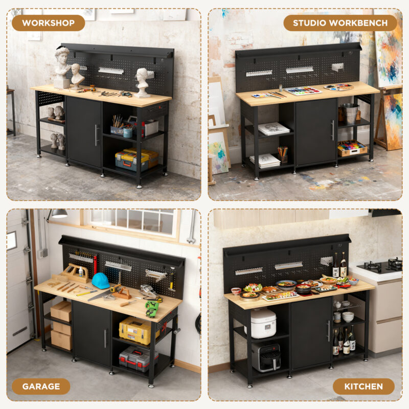 60 Inch Heavy Duty Workbench with Storage Cabinet, Wooden Top, 2000 lbs Capacity, Large Garage Work Table with Pegboard, Power Outlet - Image 7