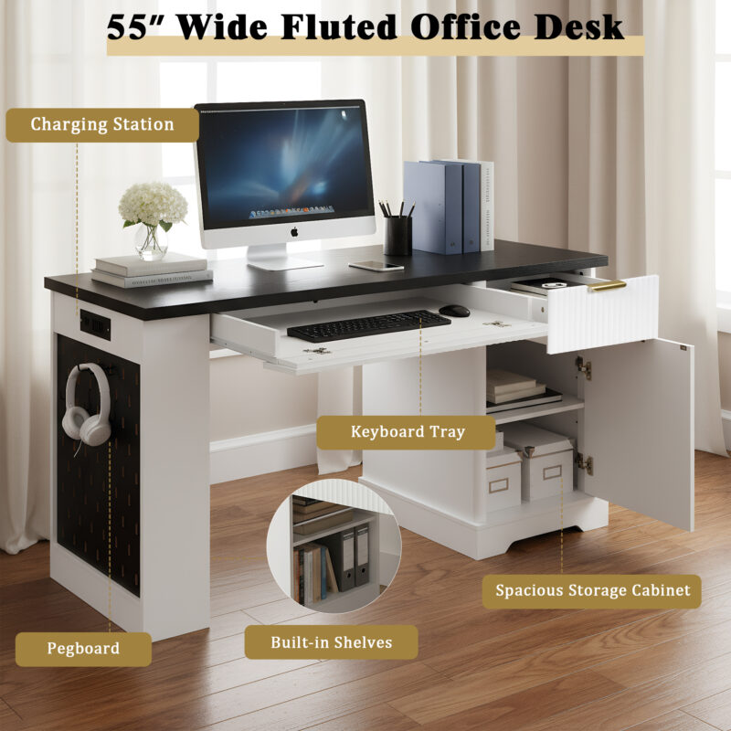 55" Modern Fluted Office Desk with Storage Cabinet & Drawers, Computer Writing Desk with Power Outlet, Pegboard, Built-in Shelves and Keyboard Tray for Study, Living Room, Home Office - Image 7