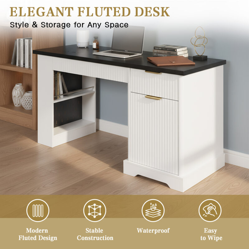 55" Modern Fluted Office Desk with Storage Cabinet & Drawers, Computer Writing Desk with Power Outlet, Pegboard, Built-in Shelves and Keyboard Tray for Study, Living Room, Home Office - Image 6