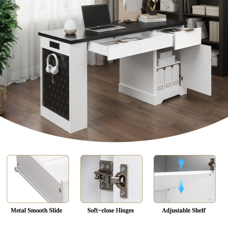 55" Modern Fluted Office Desk with Storage Cabinet & Drawers, Computer Writing Desk with Power Outlet, Pegboard, Built-in Shelves and Keyboard Tray for Study, Living Room, Home Office - Image 4