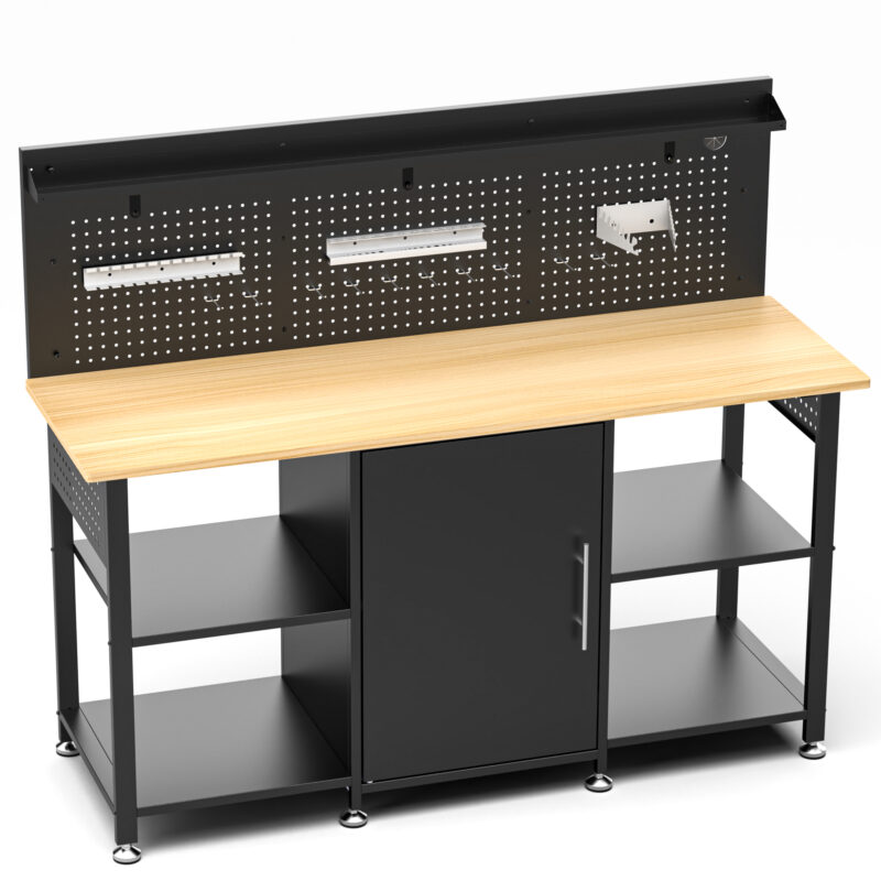 60 Inch Heavy Duty Workbench with Storage Cabinet, Wooden Top, 2000 lbs Capacity, Large Garage Work Table with Pegboard, Power Outlet - Image 9