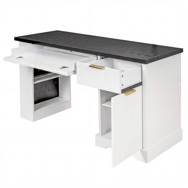 55" Modern Fluted Office Desk with Storage Cabinet & Drawers, Computer Writing Desk with Power Outlet, Pegboard, Built-in Shelves and Keyboard Tray for Study, Living Room, Home Office - Image 11