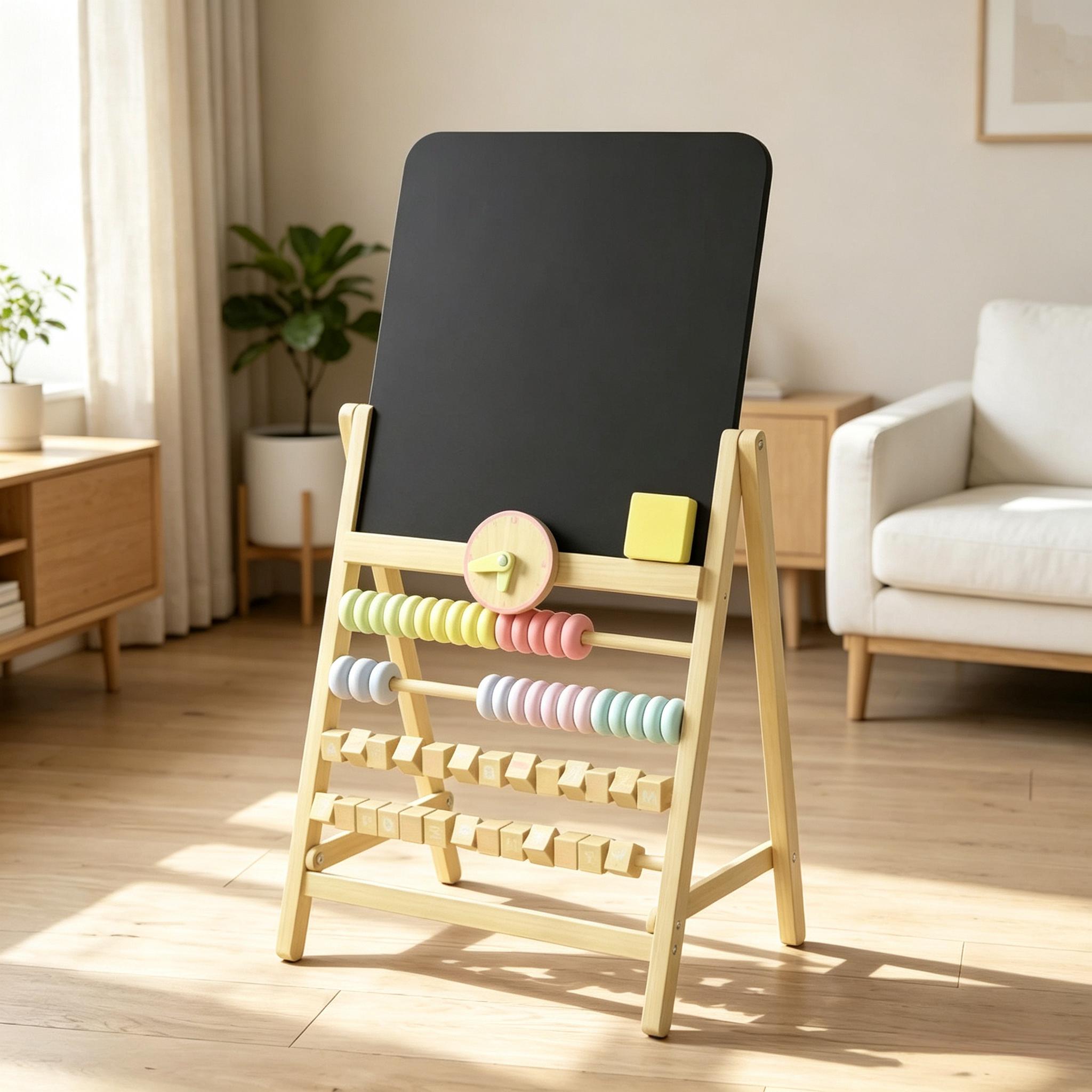 downloaded-image (8) Educational Art Easel with Double-Sided Chalkboard,Kids' Easel,Interactive Toddler,All-in-One Learning Center for Toddlers with Chalkboard, Beads - Image 1