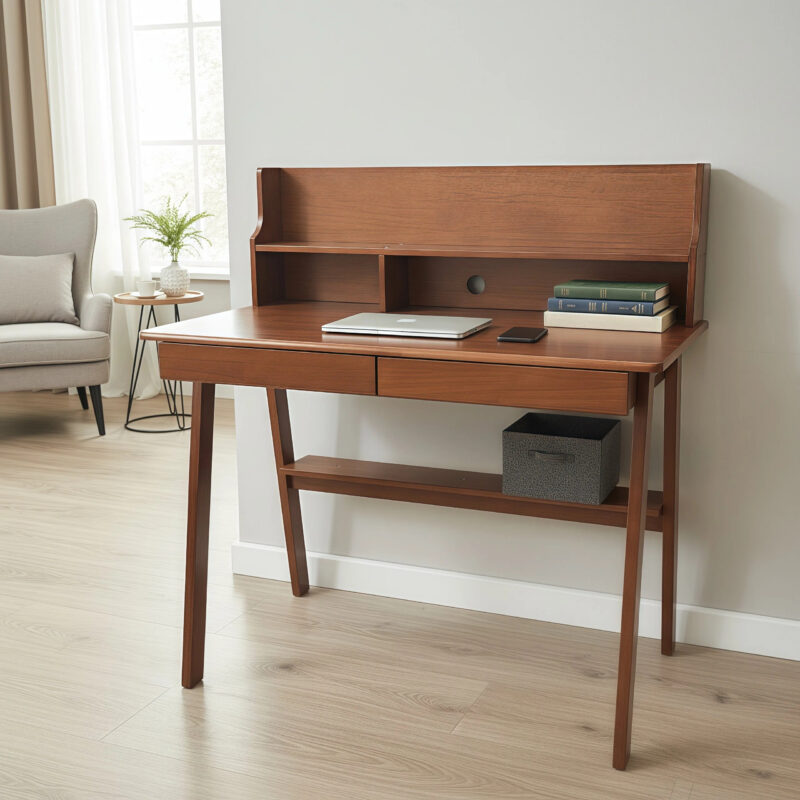 100% Solid Wood Desk Writing Computer Desk Mid Century Modern Home Office Table with Drawer for Bedroom - Image 6