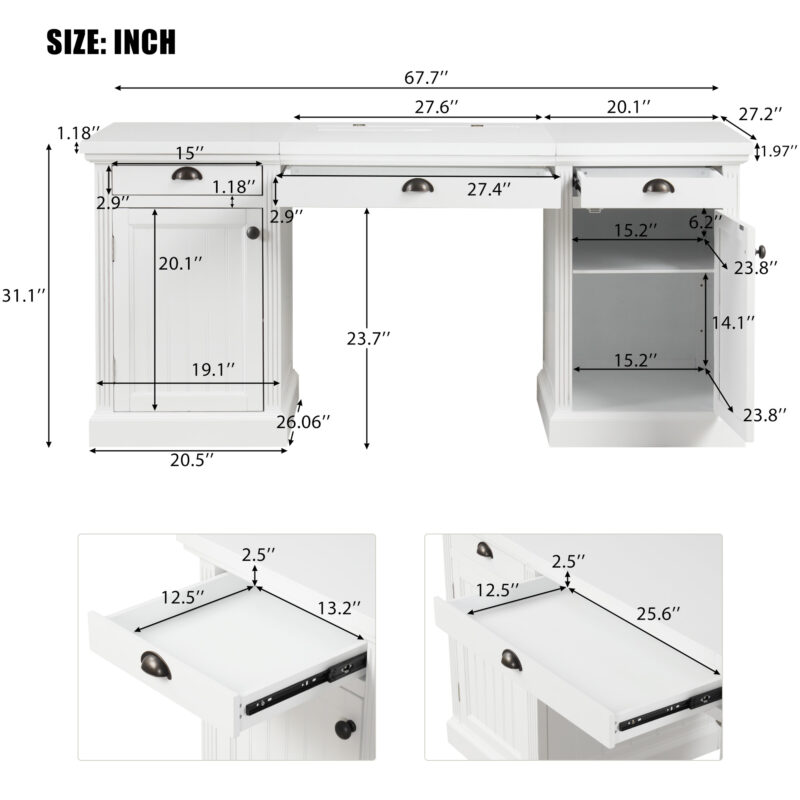 67" Modern Executive Desk,Computer Desk with 2 Wooden Doors Storage Cabinet and 3 Drawers, Rectangle Home Office Desk ,Reading Desk,Writing Table,Workstation for Home Office,Living Room,Study,White - Image 3