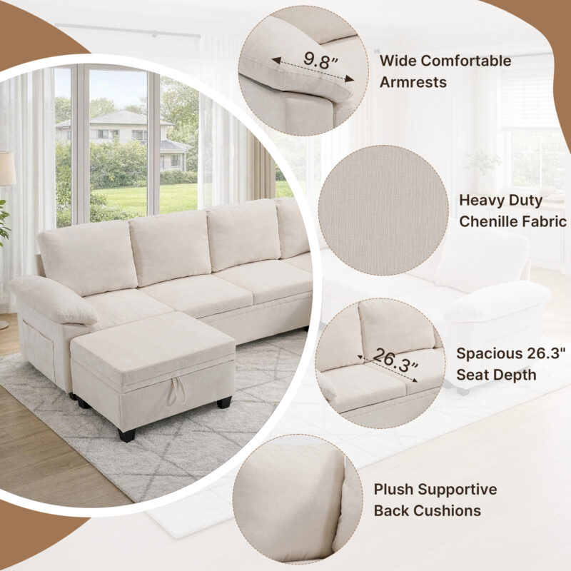 Modular Sectional Sofa Bed with Cup Holders, L-Shaped Pull Out Couch with Storage, Modern Corduroy Sleeper Sofa for Living Room - Image 4