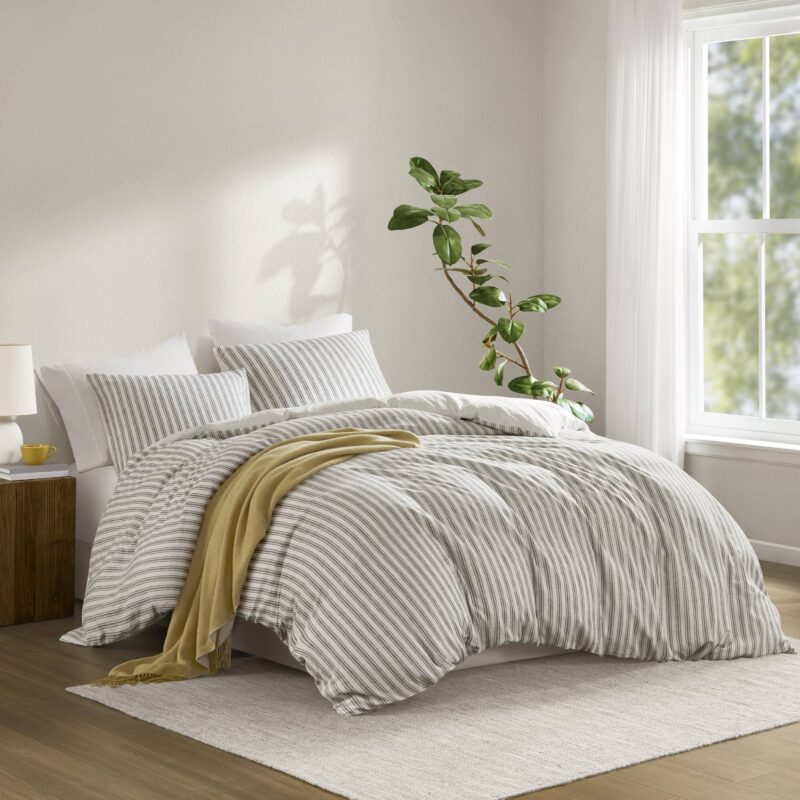 Linen Blend Duvet Cover Set, Cal King Striped - Image 13