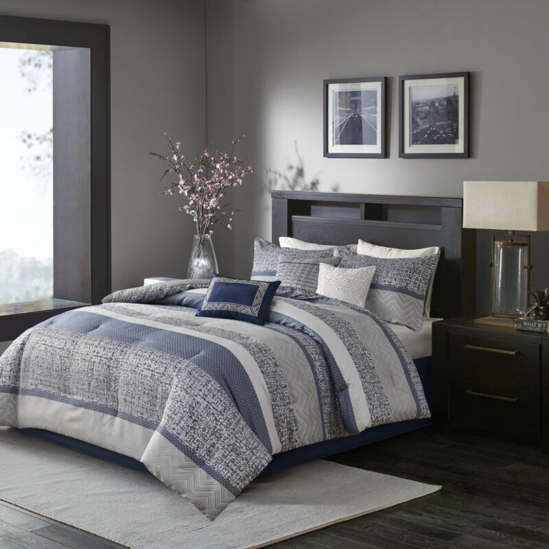 7 Piece Jacquard Comforter Set, Navy Queen - Image 15