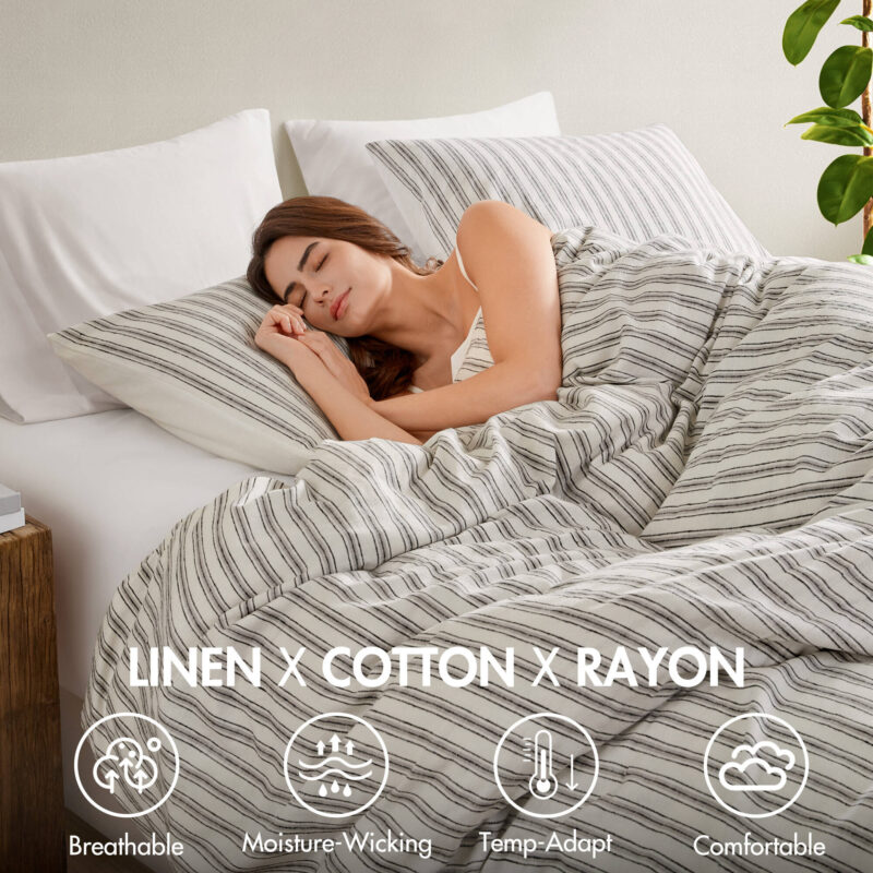 Linen Blend Duvet Cover Set, Cal King Striped - Image 6