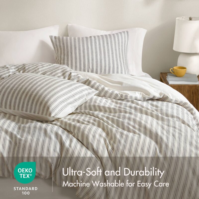 Linen Blend Duvet Cover Set, Cal King Striped - Image 7
