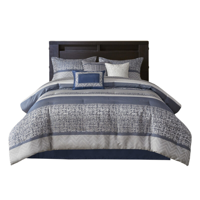 7 Piece Jacquard Comforter Set, Navy Queen - Image 4