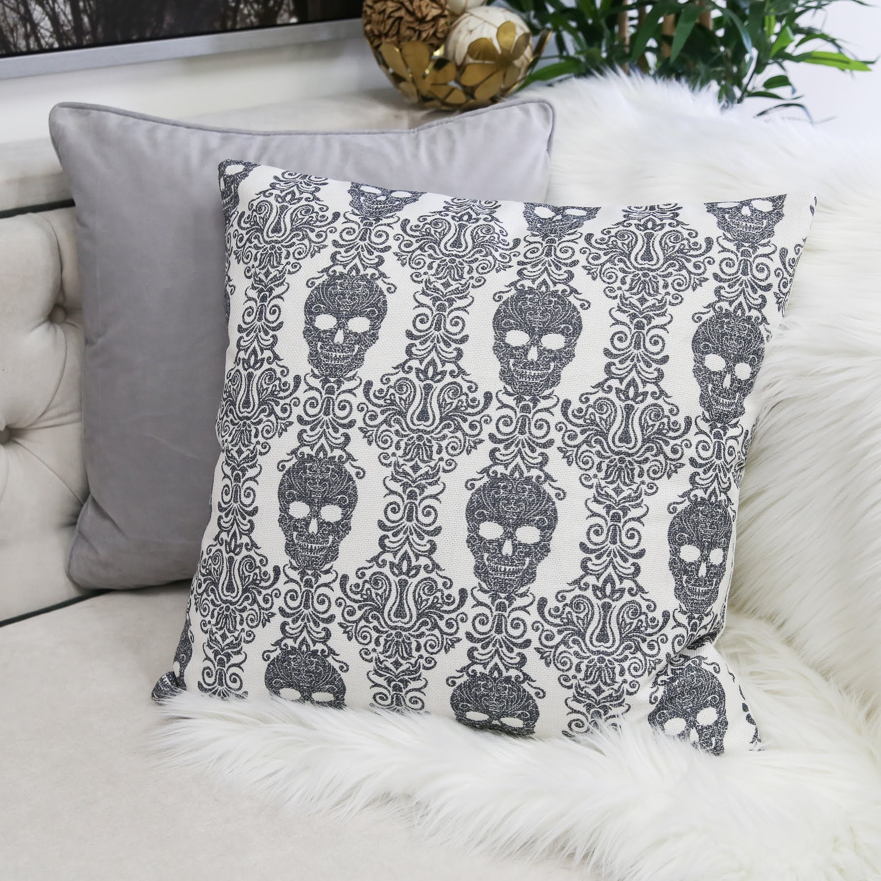 7a25b7109b2e78e846e074185f6a6ead Skull Throw Pillows, Gothic Damask Set of 2 - Image 1