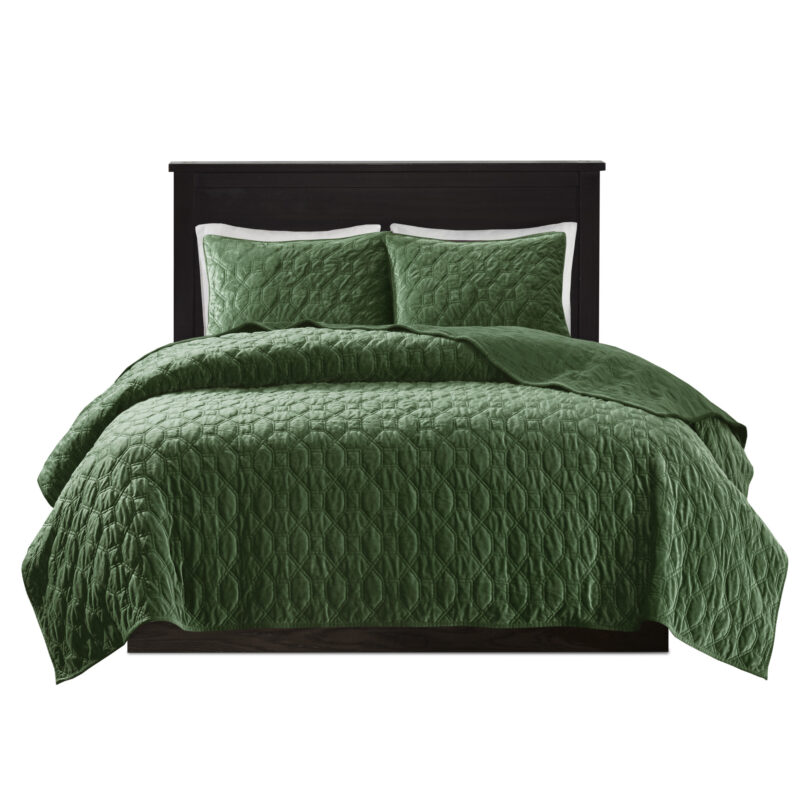 3 Piece Velvet Quilt Set, Full Queen Green - Image 7