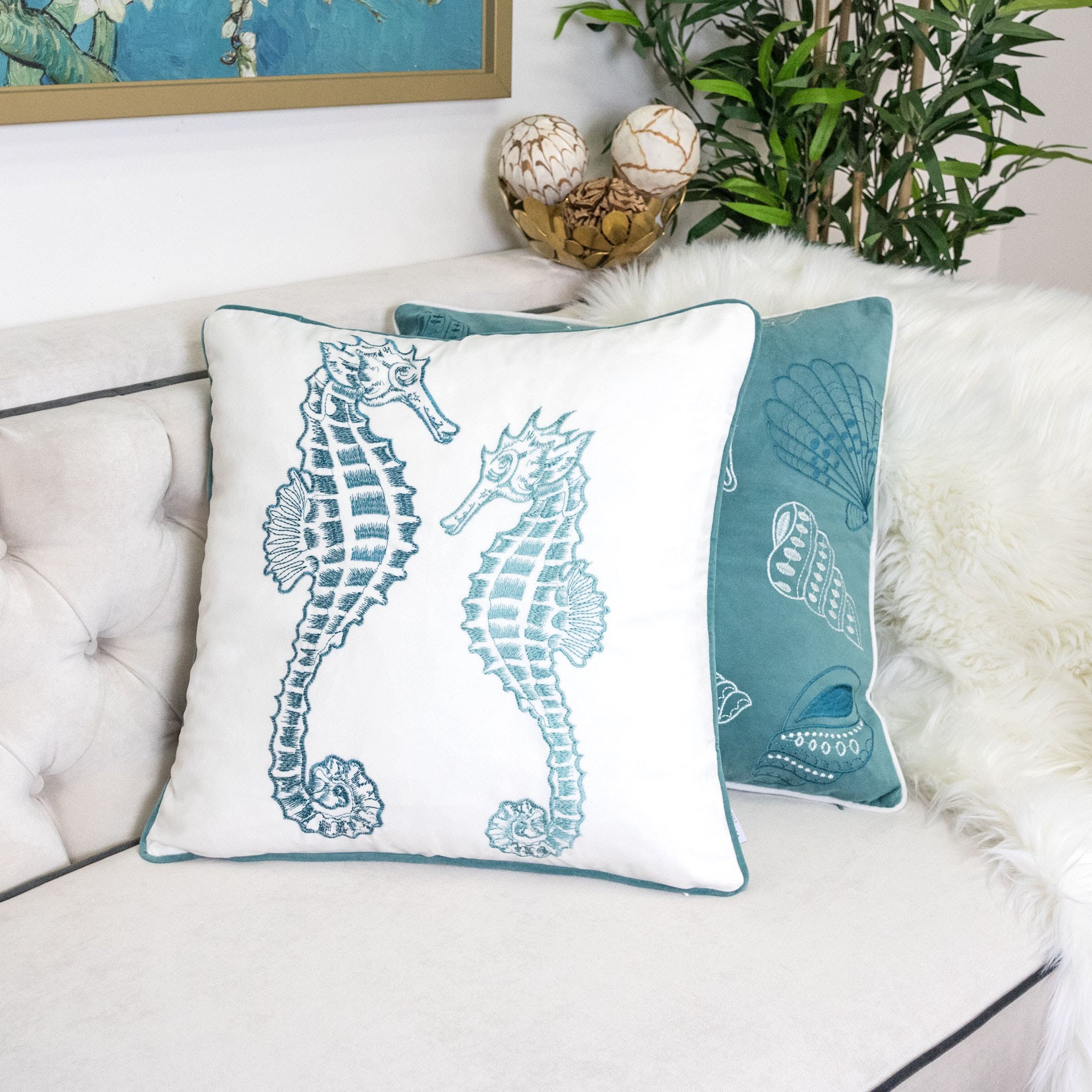 Lifestyle Main Image Seahorse Throw Pillow, 20x20 Velvet Blue - Image 1