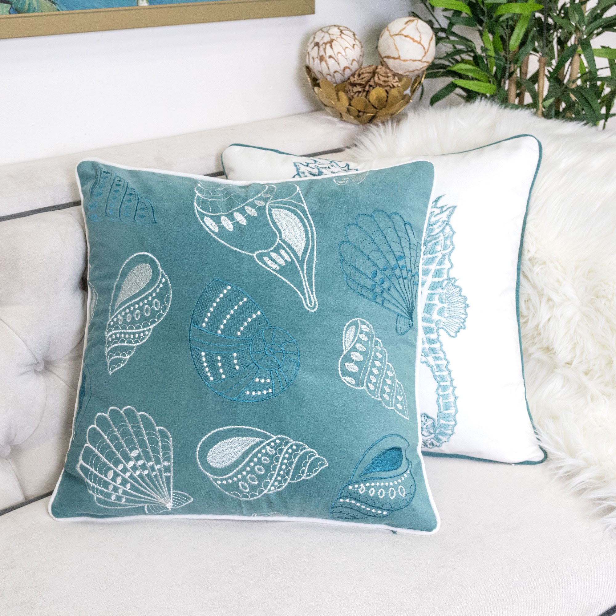 Lifestyle Main Image Seashell Throw Pillow, 20x20 Velvet Blue - Image 1