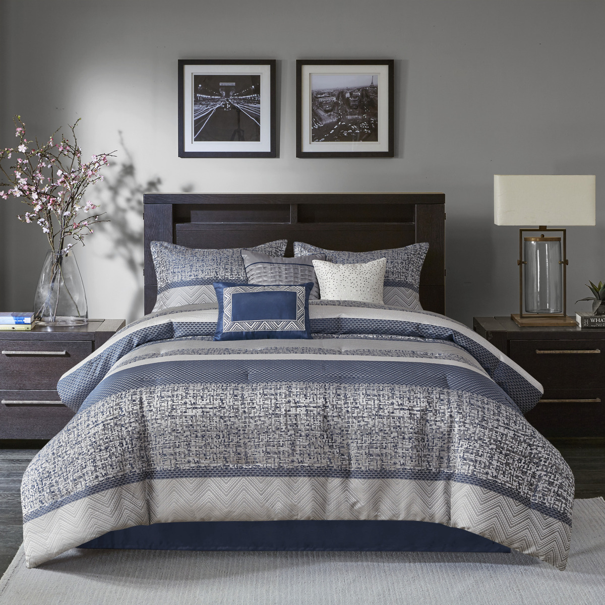 bc6debf884d18d18f214bef5600b99e9 7 Piece Jacquard Comforter Set, Navy Queen - Image 1