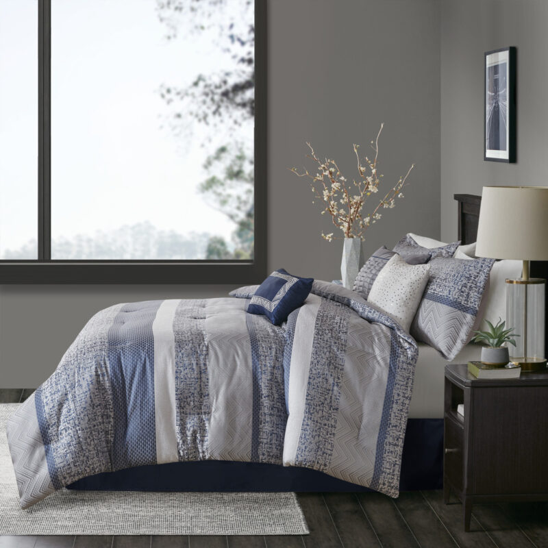 7 Piece Jacquard Comforter Set, Navy Queen - Image 2
