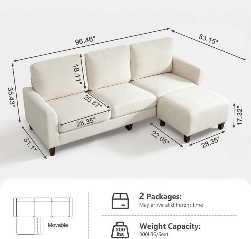 96 Inch Sectional Couch for Living Room, L Shaped Small Sofa with Ottoman - Image 3