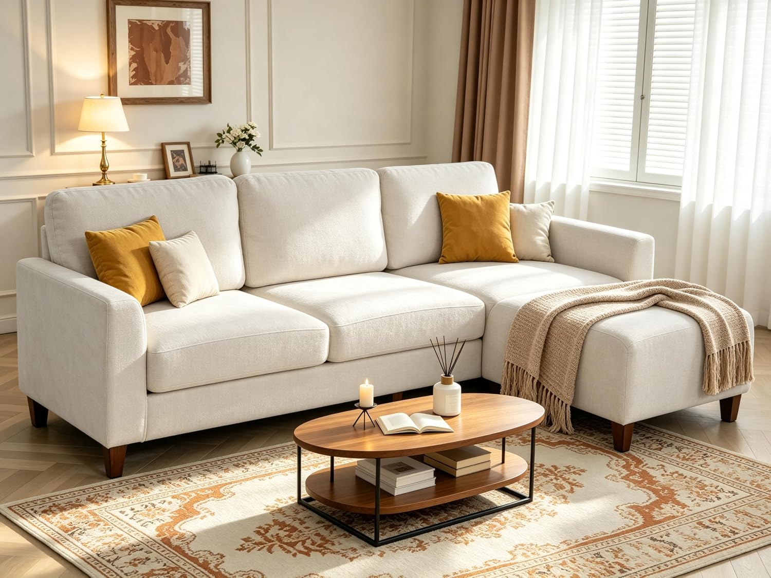 SE-7020-White-4-z (6) 96 Inch Sectional Couch for Living Room, L Shaped Small Sofa with Ottoman - Image 1